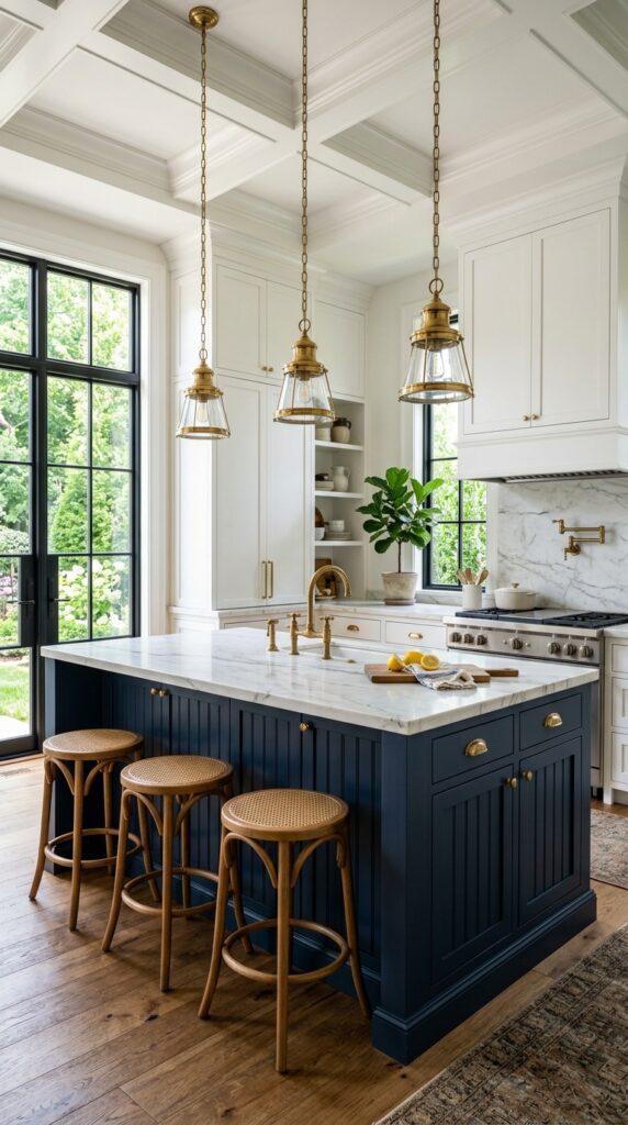 Navy Beadboard Island With Brass Details