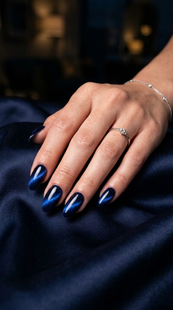 Navy Blue Velvet Cat Eye Nails