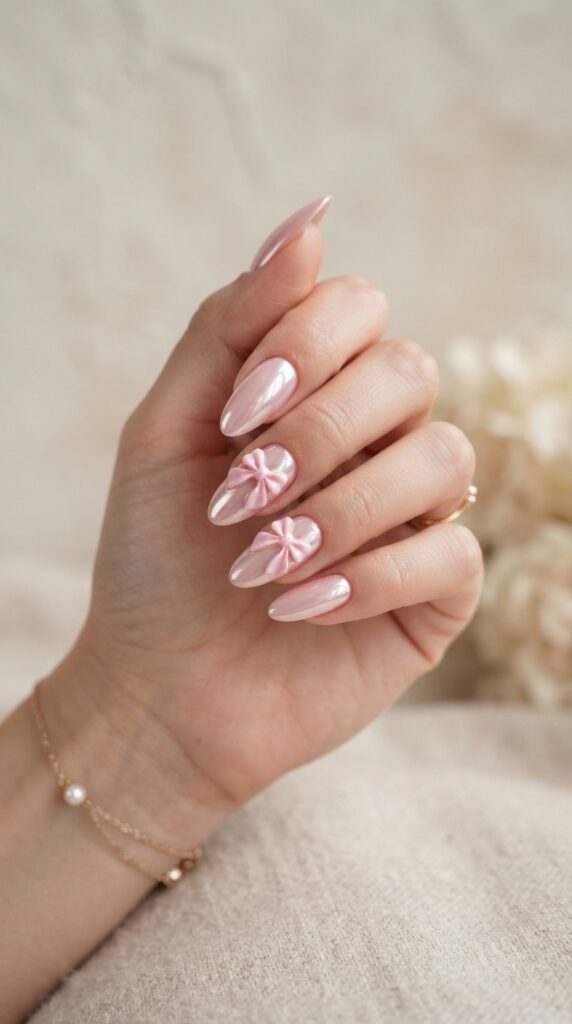 Pink Chrome Bow Nail Art