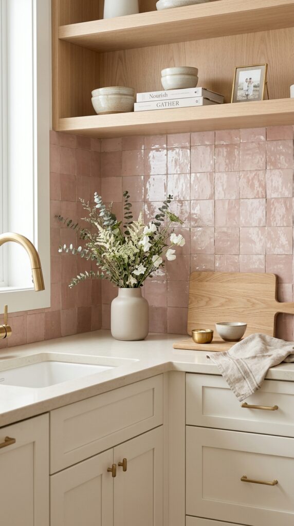 Pink Zellige Kitchen Backsplash