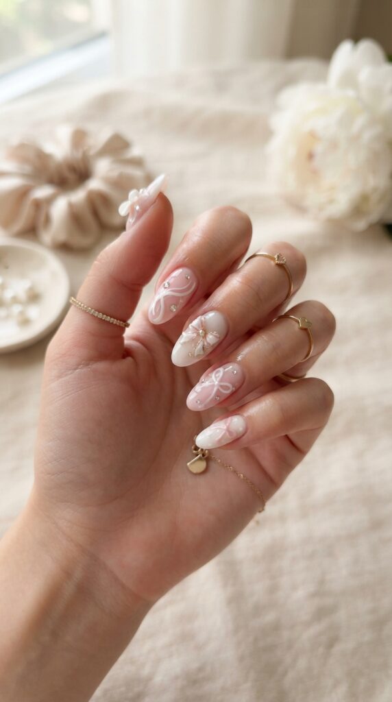 Pink and White Ribbon Nails