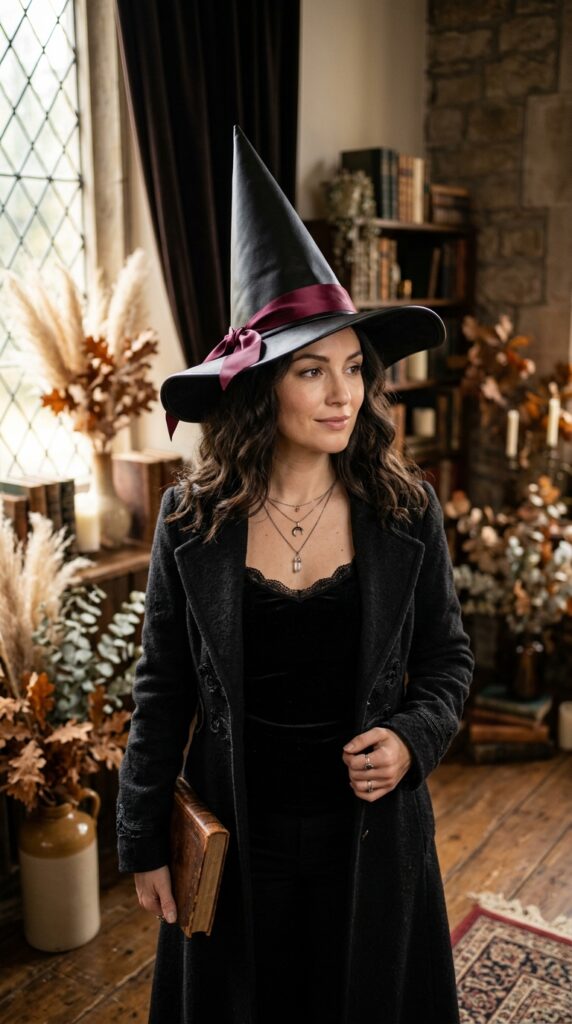 Pointed Leather Witch Hat With Ribbons
