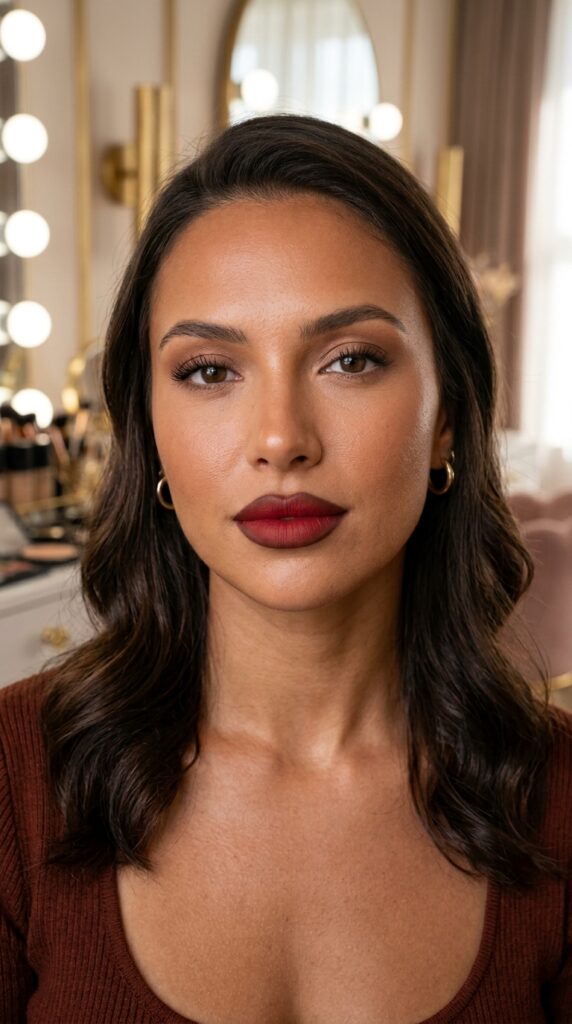 Red Wine Matte Lipstick With Brown Lip Liner