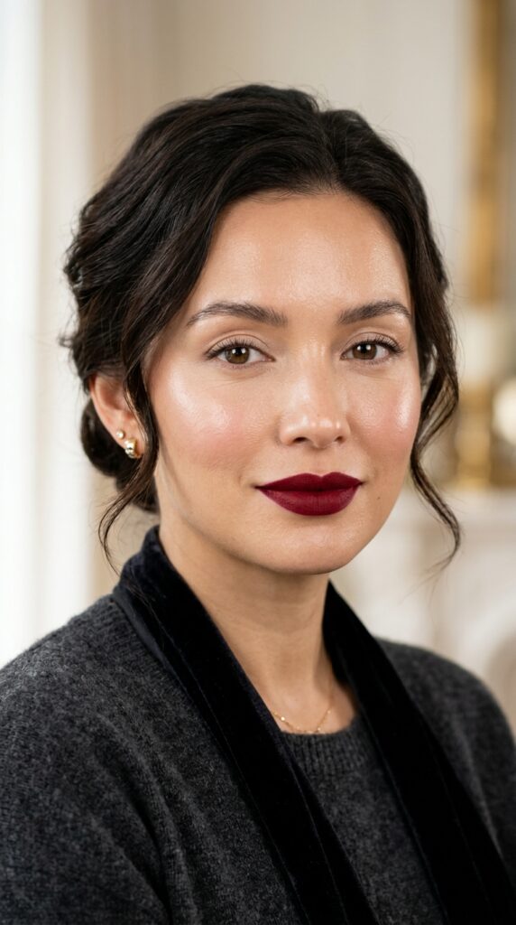 Red Wine Matte Lipstick With Glowing Skin