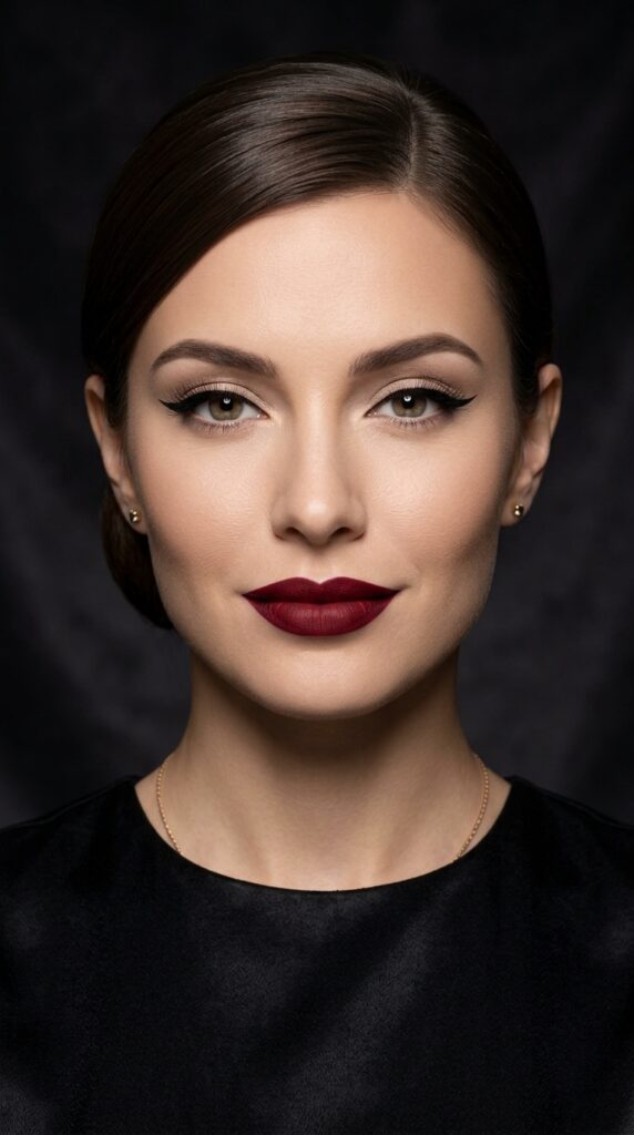 Red Wine Matte Lipstick With Winged Eyeliner