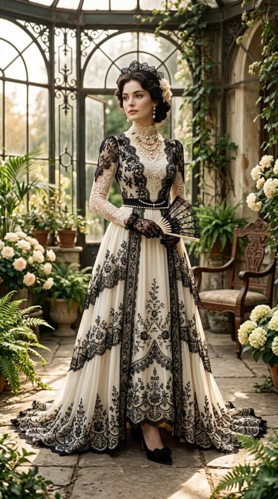 Romantic Black and Ivory Lace Gown
