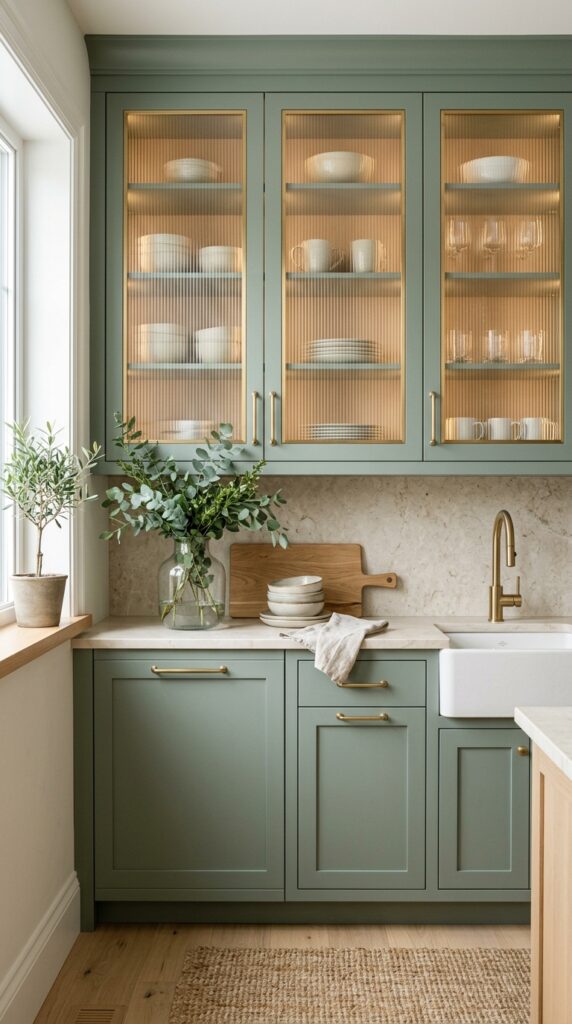 Warm Neutral Reeded Glass Cabinetry