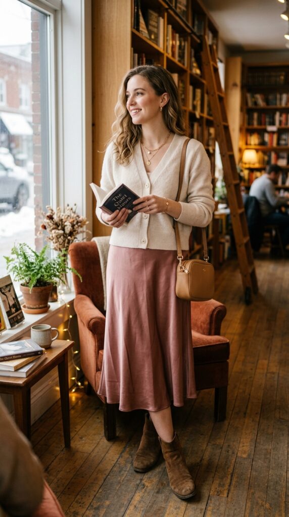 Satin Midi Skirt With Cardigan