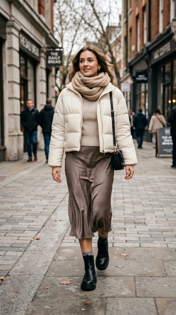Satin Midi Skirt With Cropped Puffer Jacket