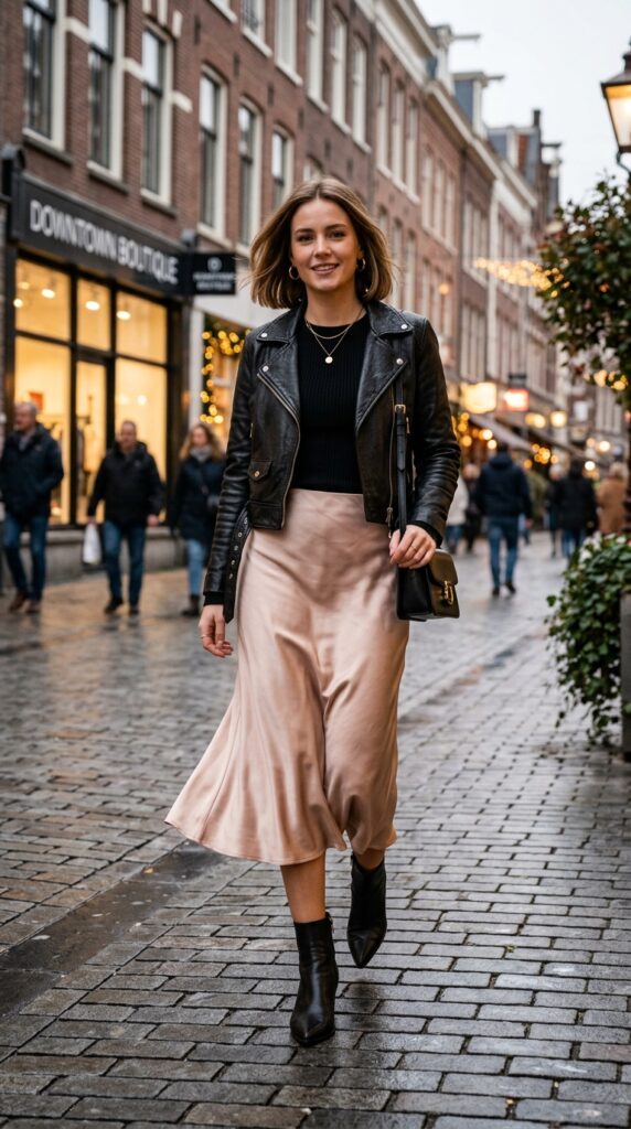 Satin Midi Skirt With Leather Jacket
