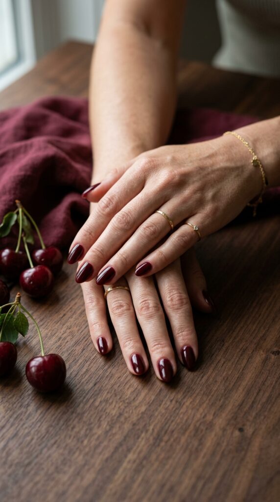 Short Almond Dark Cherry Nails