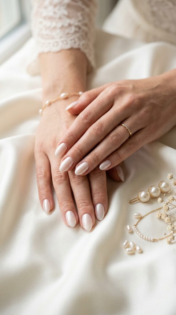 Short Almond Pearl Shimmer Nails