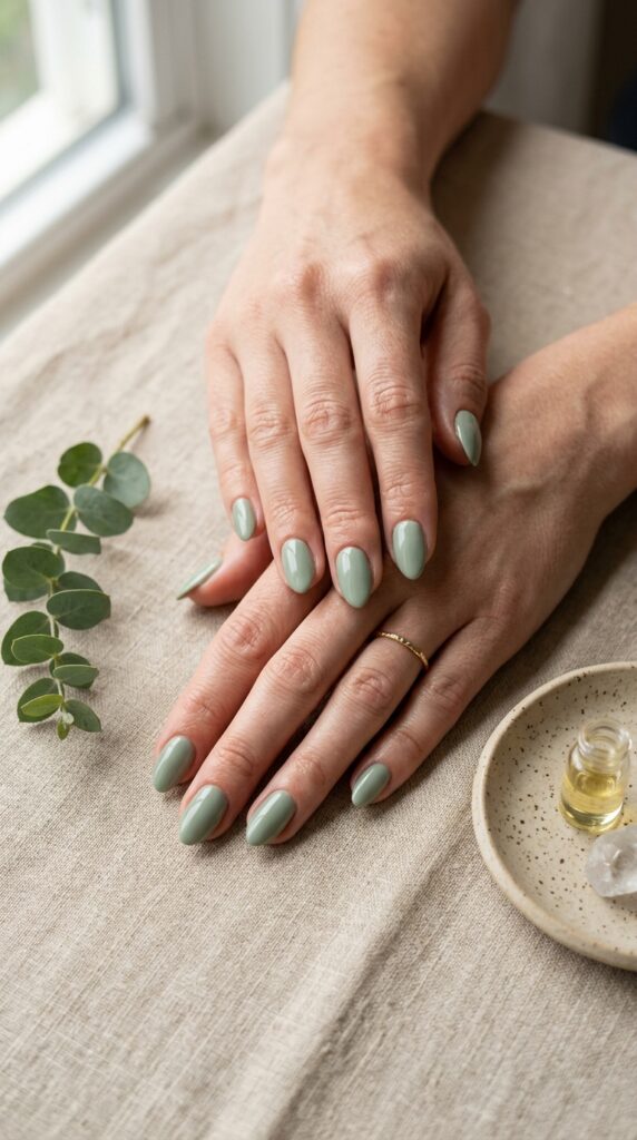 Short Almond Sage Green Nails