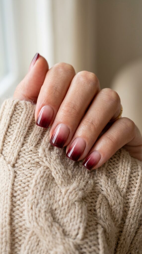 Short Dark Cherry Ombre Square Nails