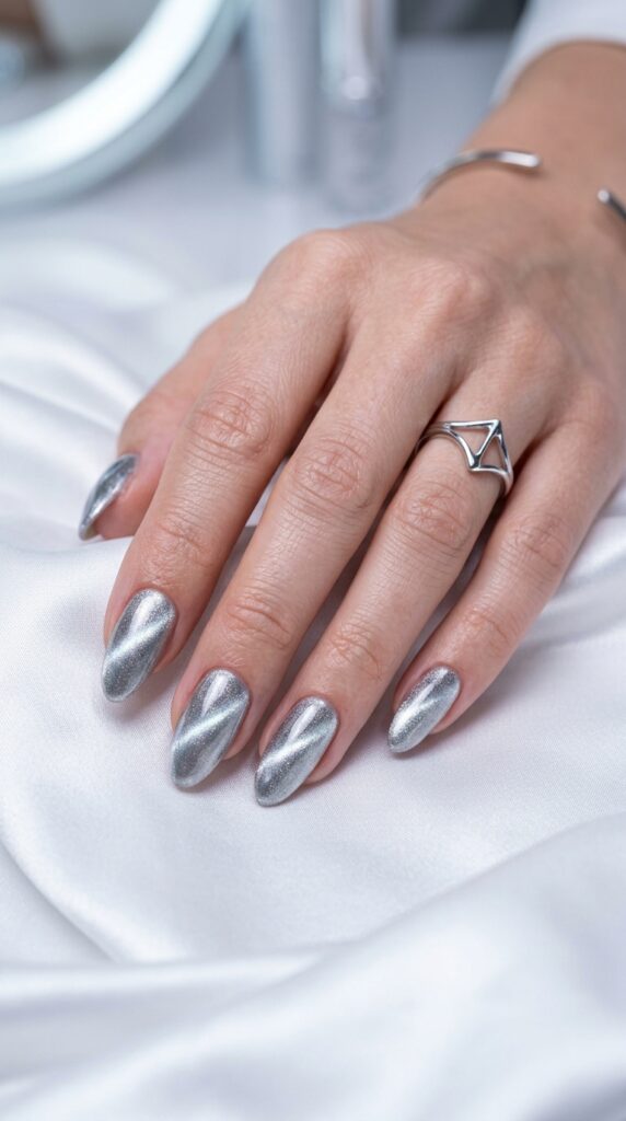 Silver Velvet Cat Eye Nails