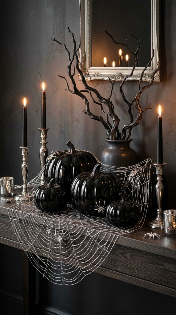 Silver Web And Black Pumpkin Display