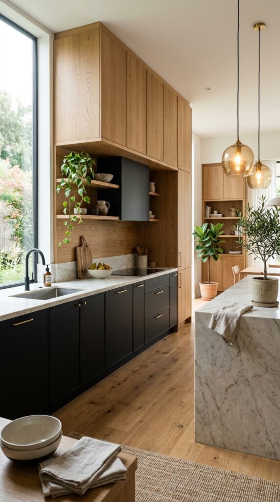 Soft Black and Natural Oak Cabinets