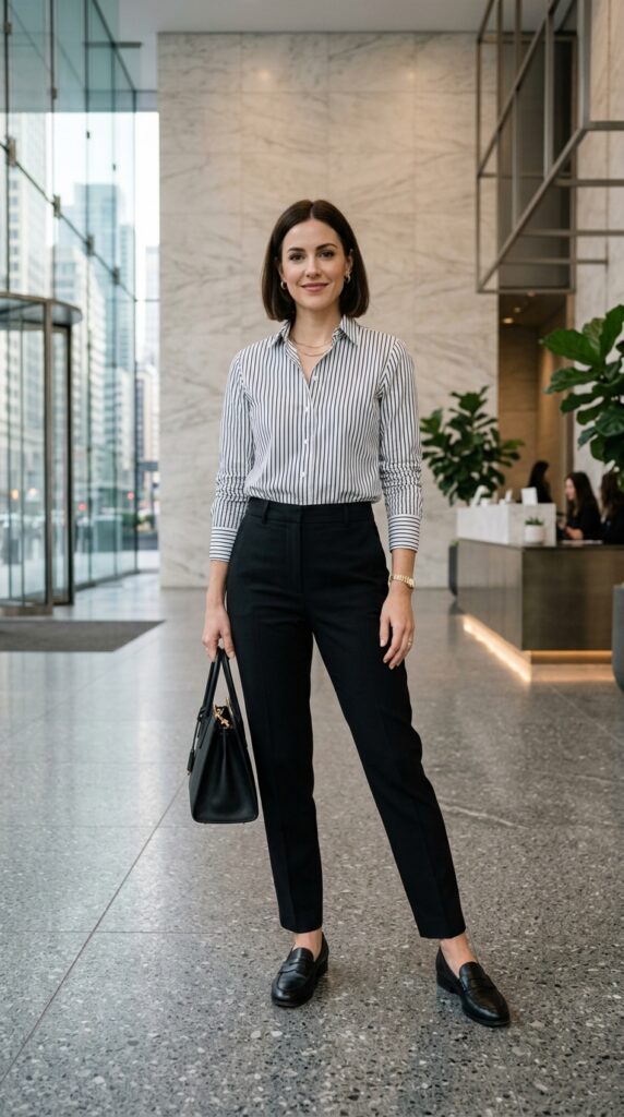 Striped Button Down With Black Trousers
