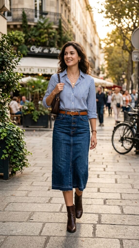 Striped Shirt With a Denim Skirt