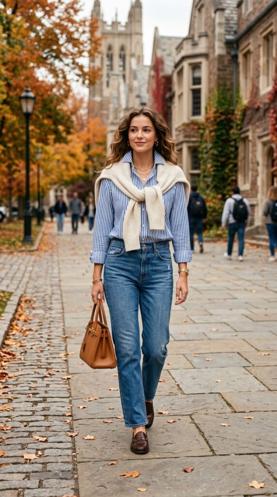 Striped Shirt With a Sweater Over the Shoulders