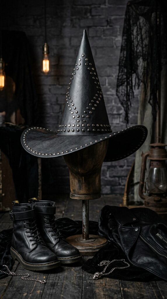 Studded Faux Leather Witch Hat