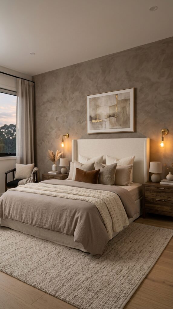 Taupe Limewash Behind the Bed