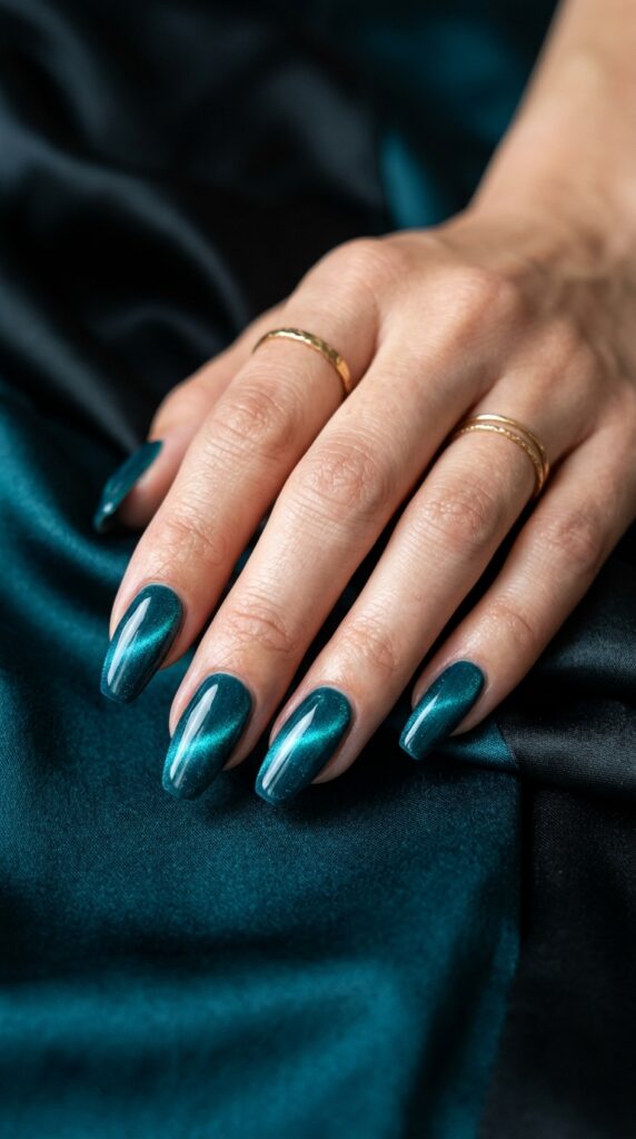 Teal Velvet Cat Eye Nails