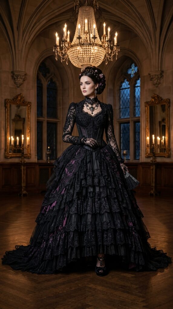 Victorian Gothic Ball Gown With Lace Layers