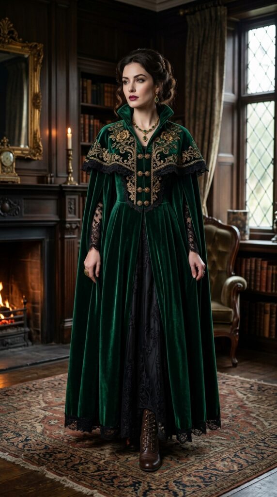 Victorian-Inspired Emerald Velvet Cape