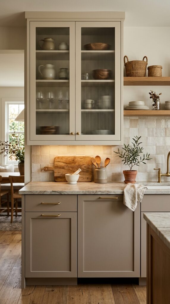 Warm Neutral Reeded Glass Cabinetry