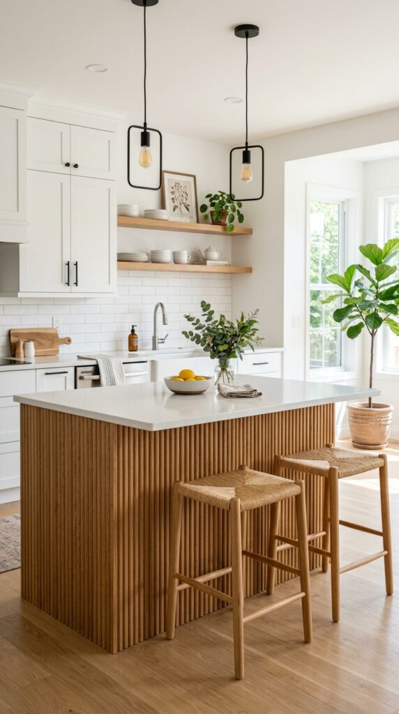 White Kitchen With Fluted Wood Island