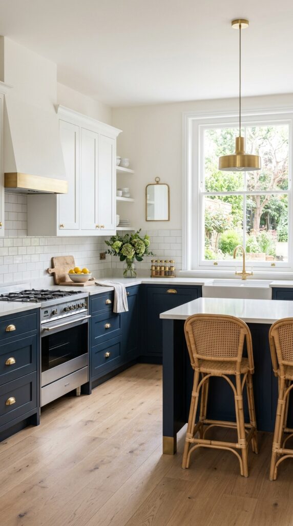 White Upper Cabinets and Navy Lower Cabinets