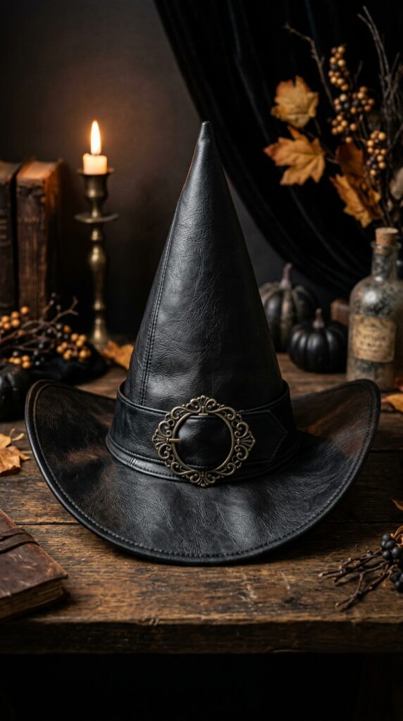 Wide Brim Faux Leather Witch Hat