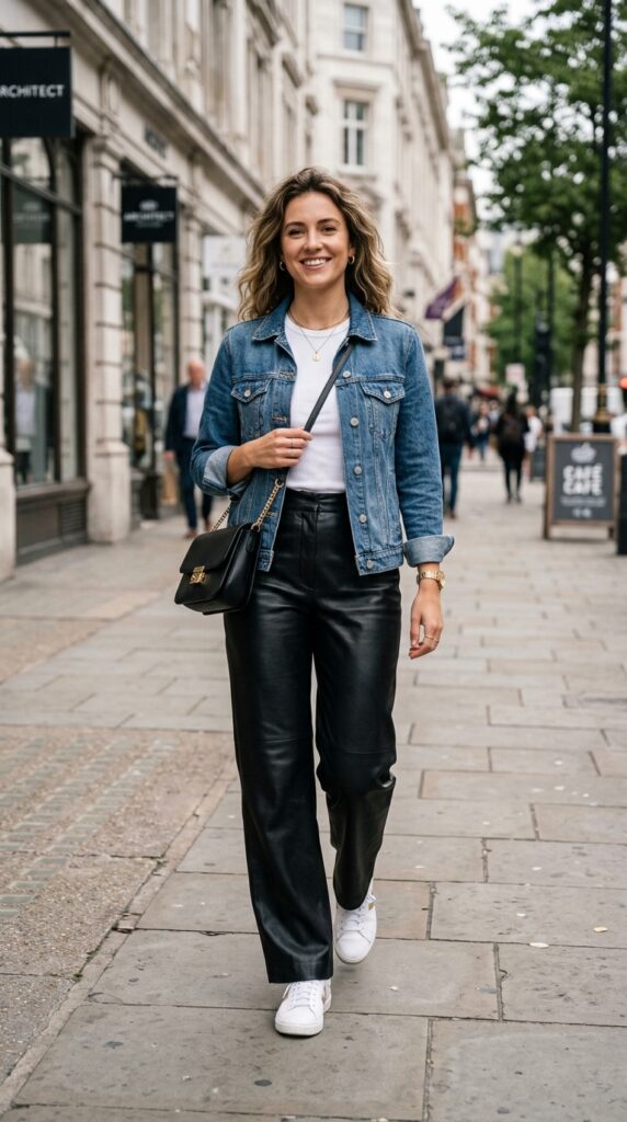 Wide Leg Leather Pants With a Denim Jacket