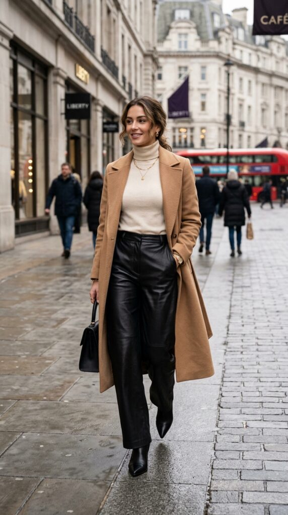 Wide Leg Leather Pants With a Fitted Turtleneck