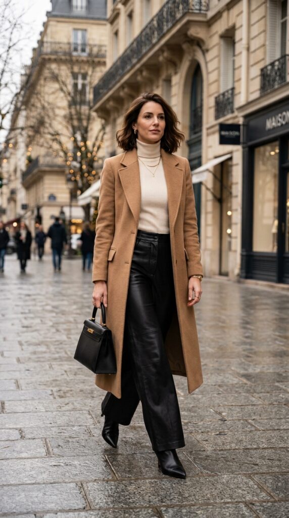 Wide Leg Leather Pants With a Long Wool Coat