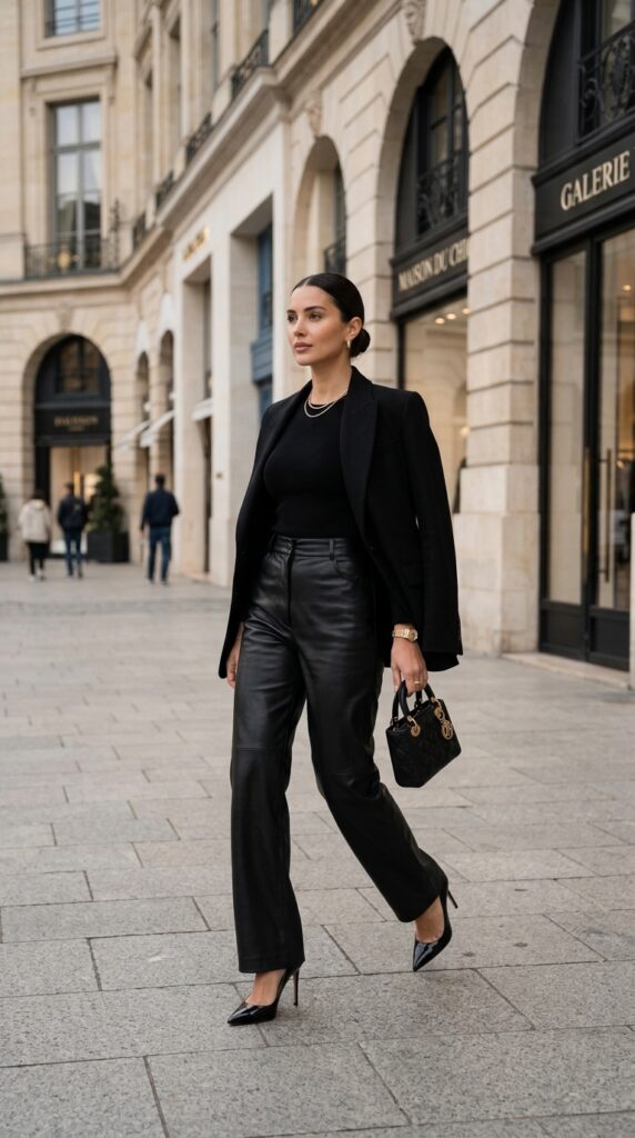Wide Leg Leather Pants With a Monochrome Top