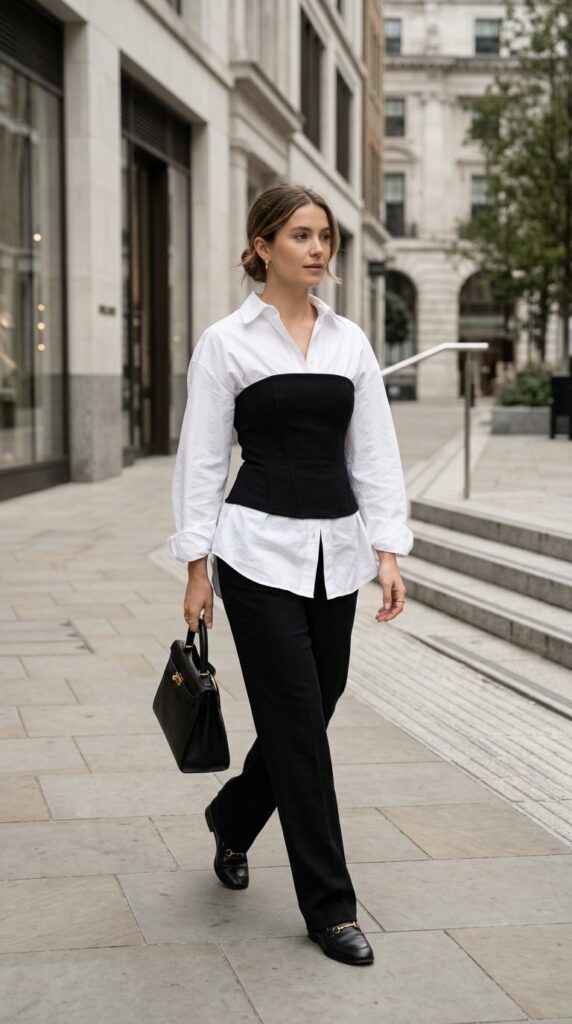 Black Corset Over a White Button-Down Shirt