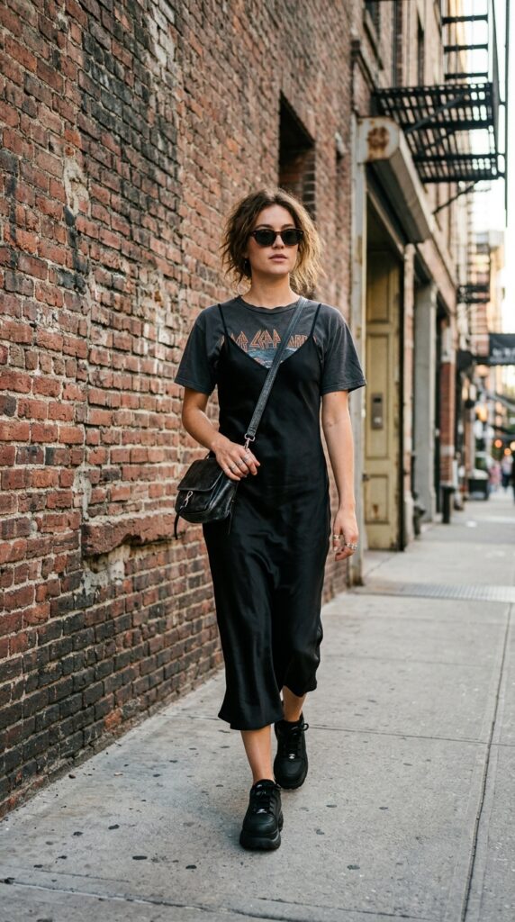Black Slip Dress with a Graphic T-Shirt