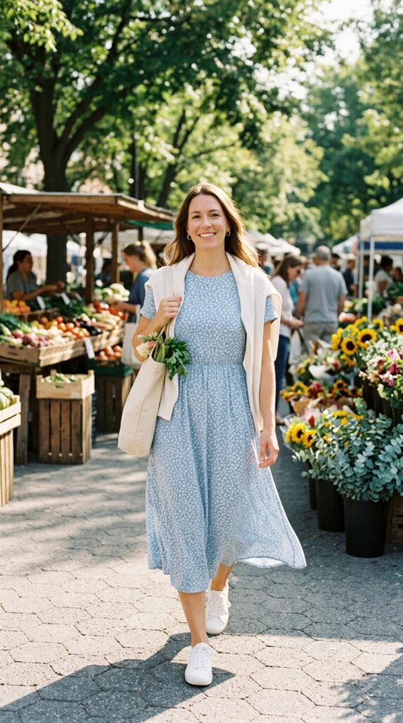 Blue Floral Dress with White Sneakers