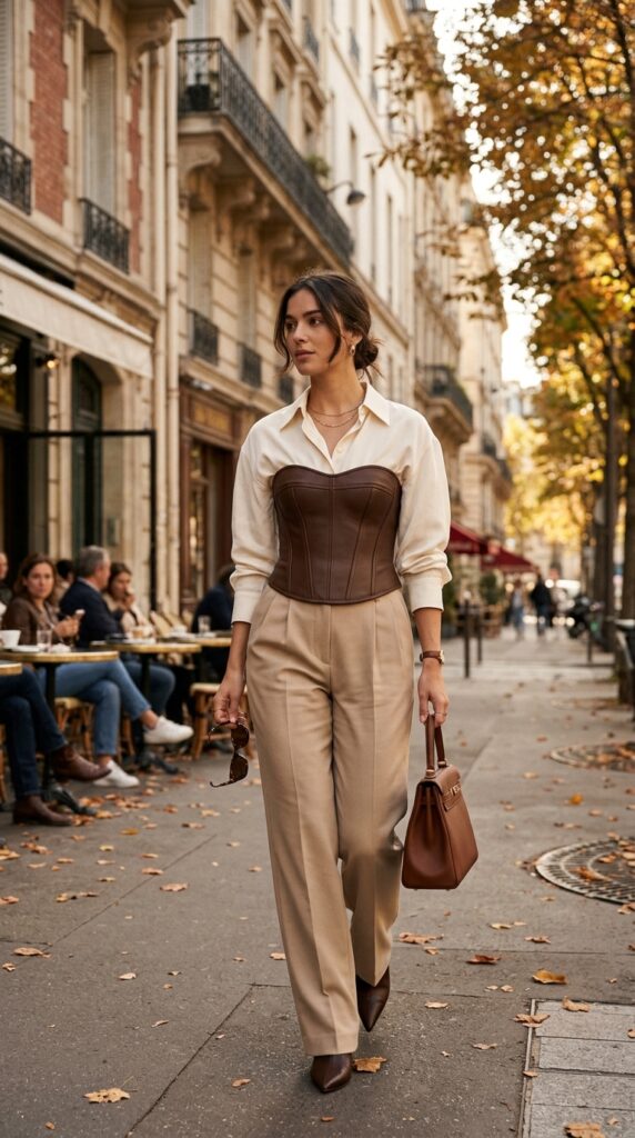 Brown Corset With a Cream Shirt