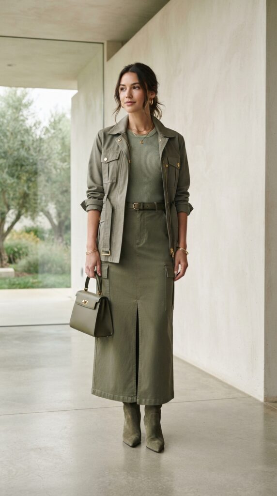 Cargo Maxi Skirt With a Button-Down Shirt
