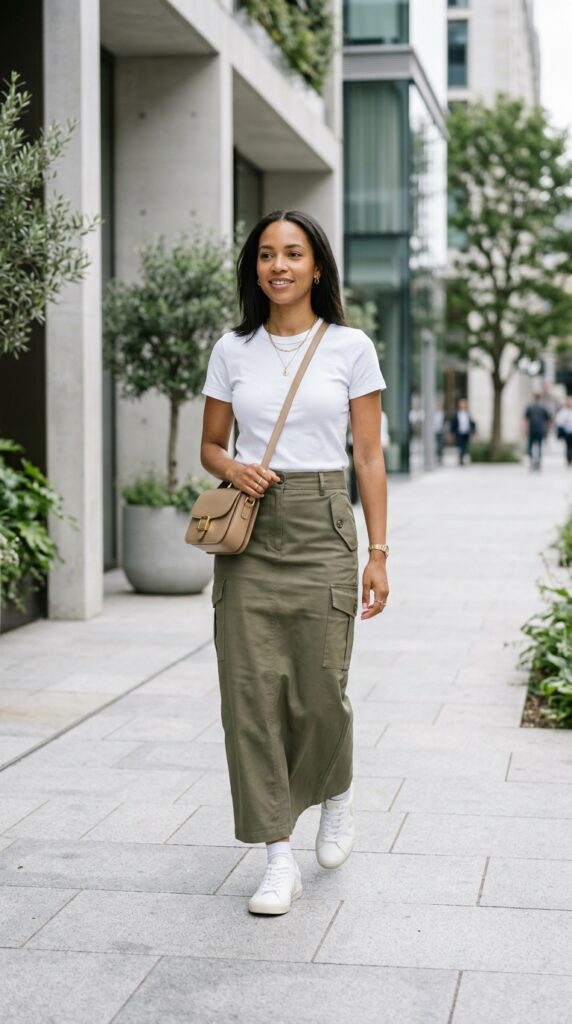 Cargo Maxi Skirt With a Fitted White Tee