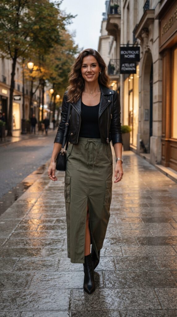 Cargo Maxi Skirt With a Leather Jacket