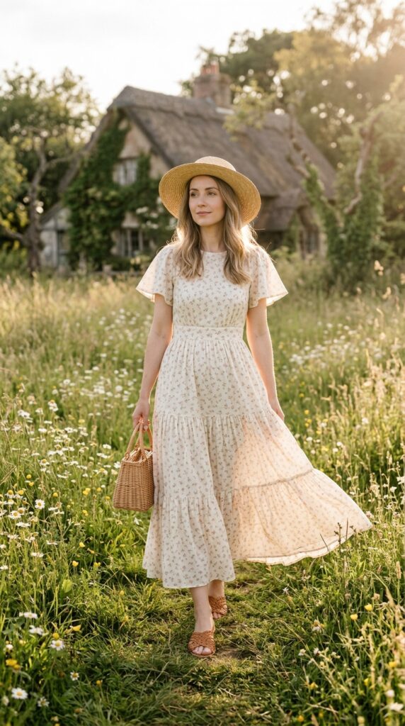 Classic Floral Maxi Dress with Straw Hat