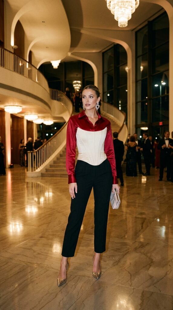 Corset Over a Satin Shirt