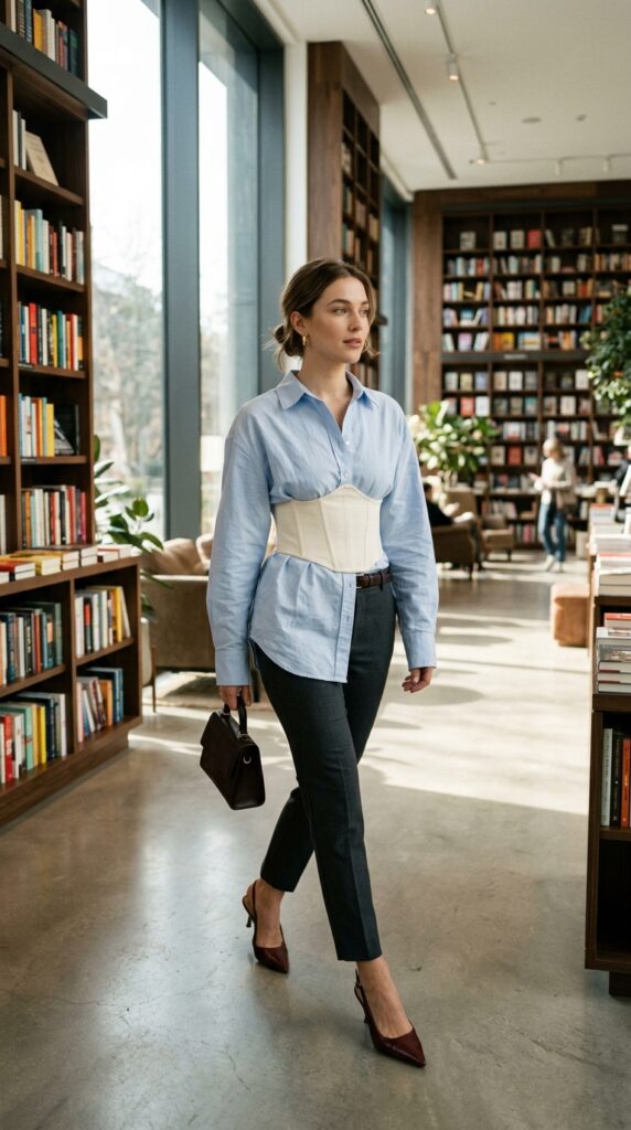 Corset Over an Oversized Blue Shirt
