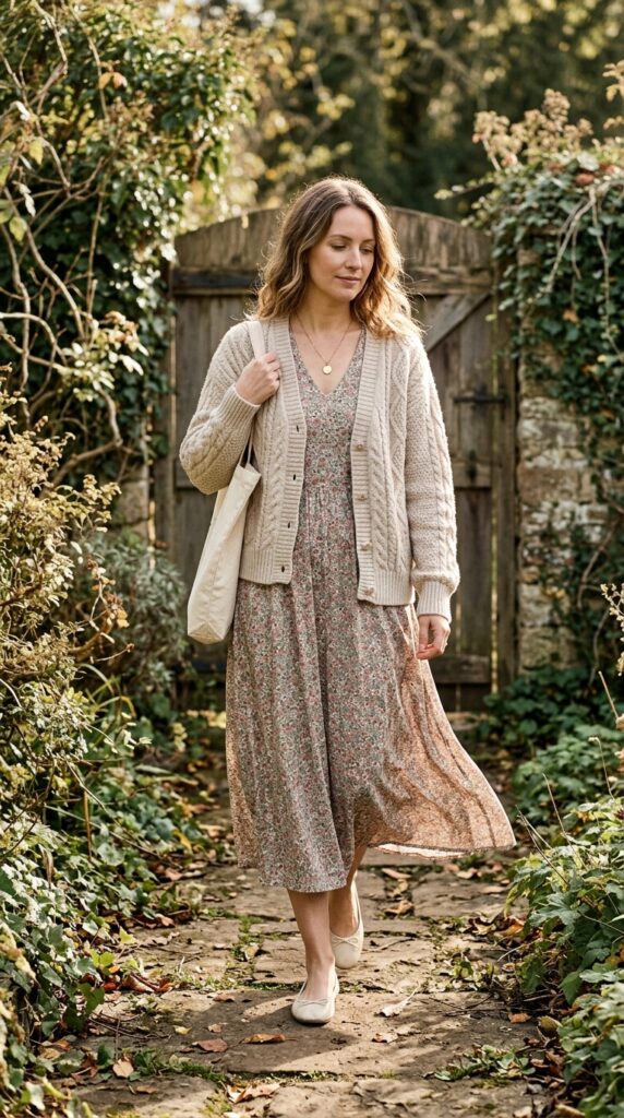 Cottagecore Floral Dress with a Knit Cardigan