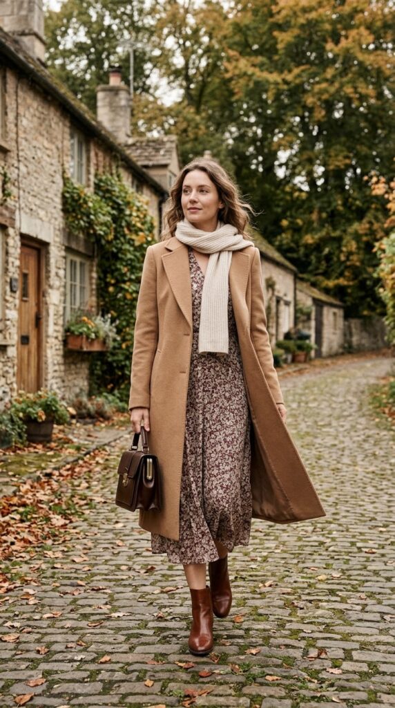 Cottagecore Floral Dress with a Long Wool Coat