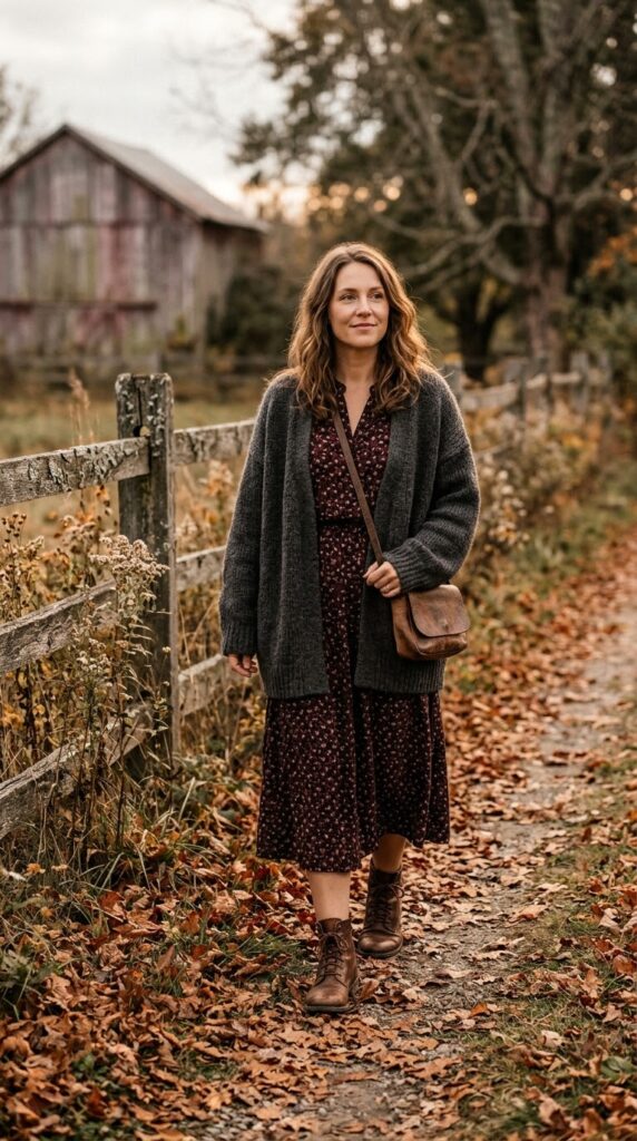Dark Floral Cottagecore Dress with Ankle Boots